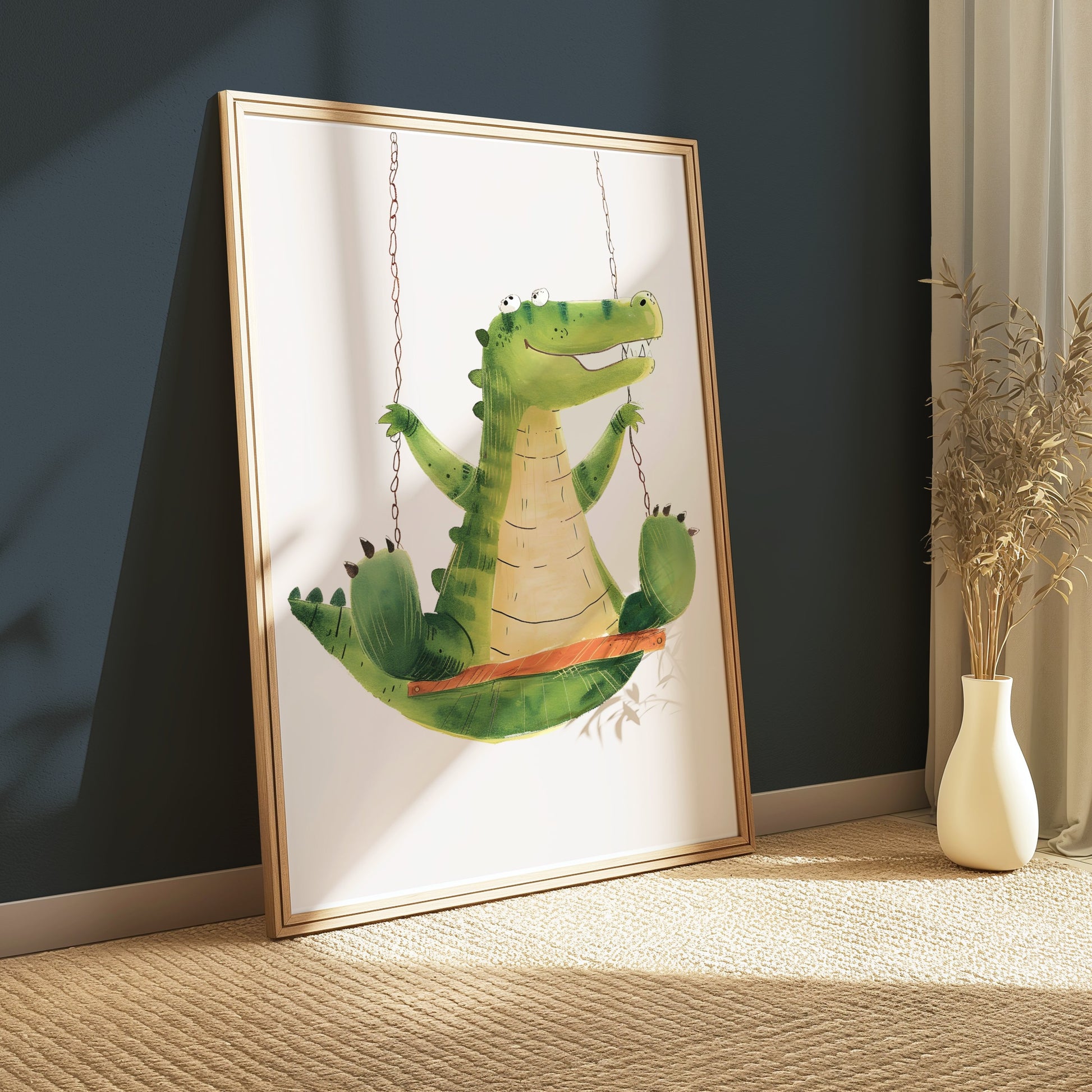Premium Poster of Cute Crocodile Swinging Happy Kids Room Art Posters