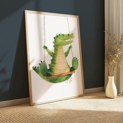Premium Poster of Cute Crocodile Swinging Happy Kids Room Art Posters