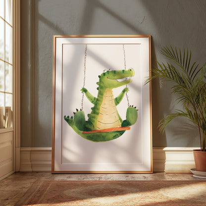 Premium Poster of Cute Crocodile Swinging Happy Kids Room Art Posters