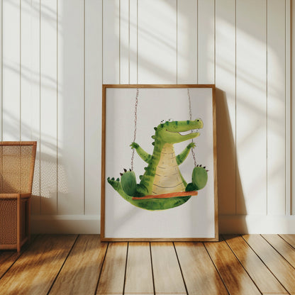 Premium Poster of Cute Crocodile Swinging Happy Kids Room Art Posters