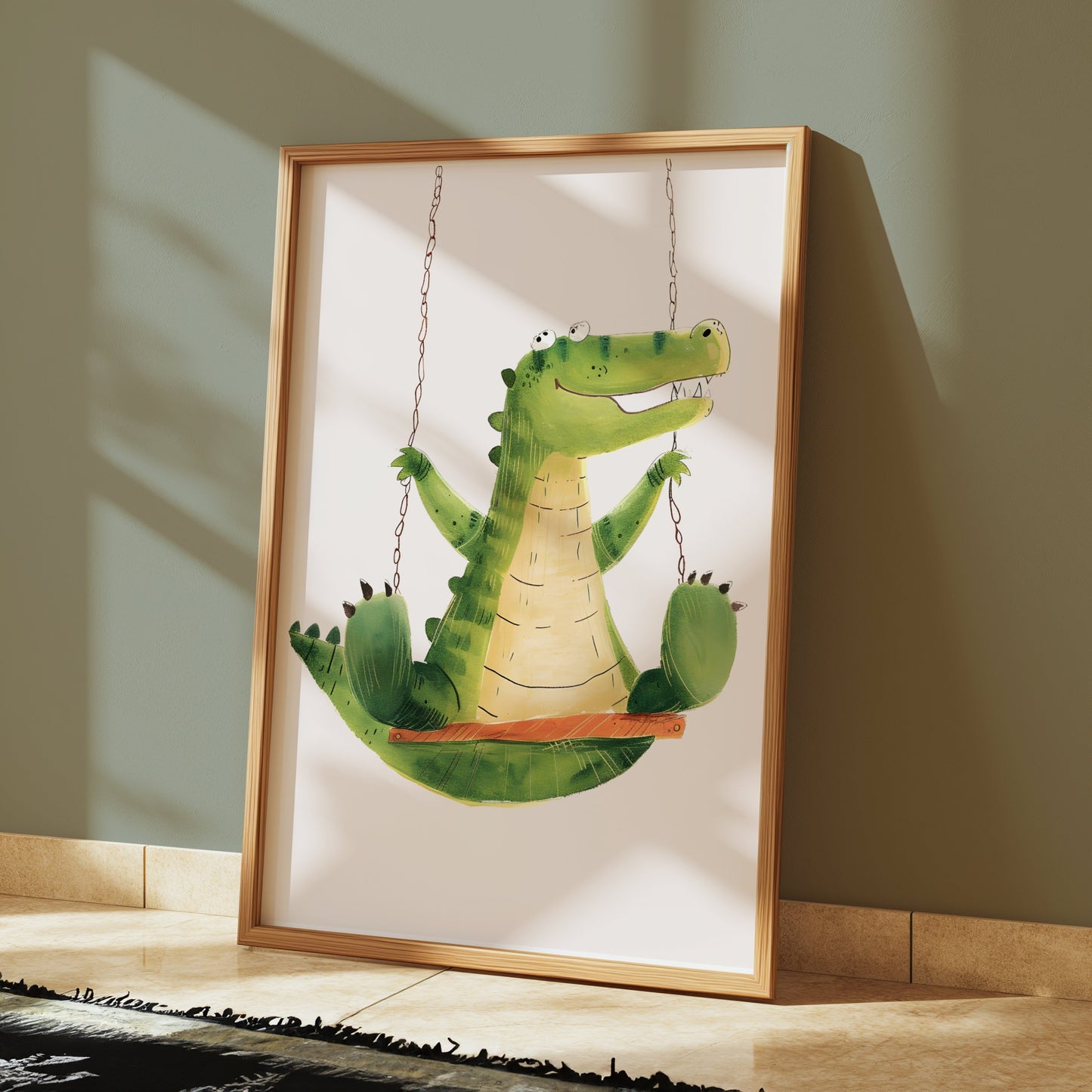 Premium Poster of Cute Crocodile Swinging Happy Kids Room Art Posters