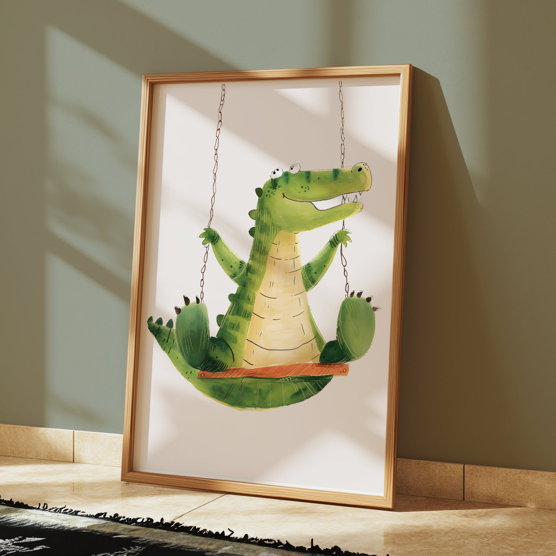 Premium Poster of Cute Crocodile Swinging Happy Kids Room Art Posters