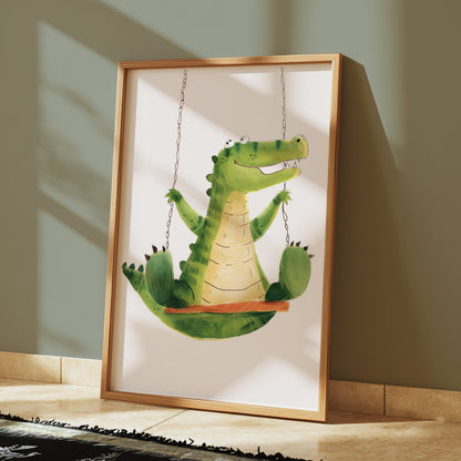 Premium Poster of Cute Crocodile Swinging Happy Kids Room Art Posters