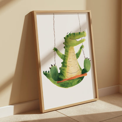 Premium Poster of Cute Crocodile Swinging Happy Kids Room Art Posters