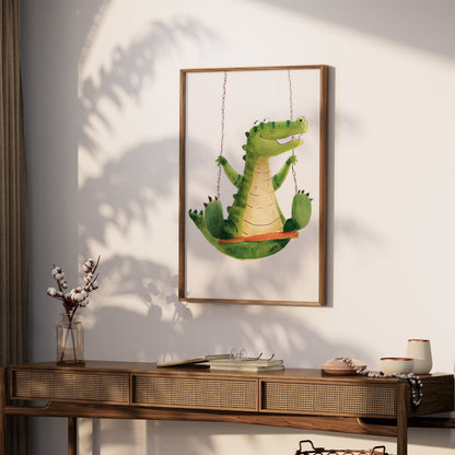 Premium Poster of Cute Crocodile Swinging Happy Kids Room Art Posters