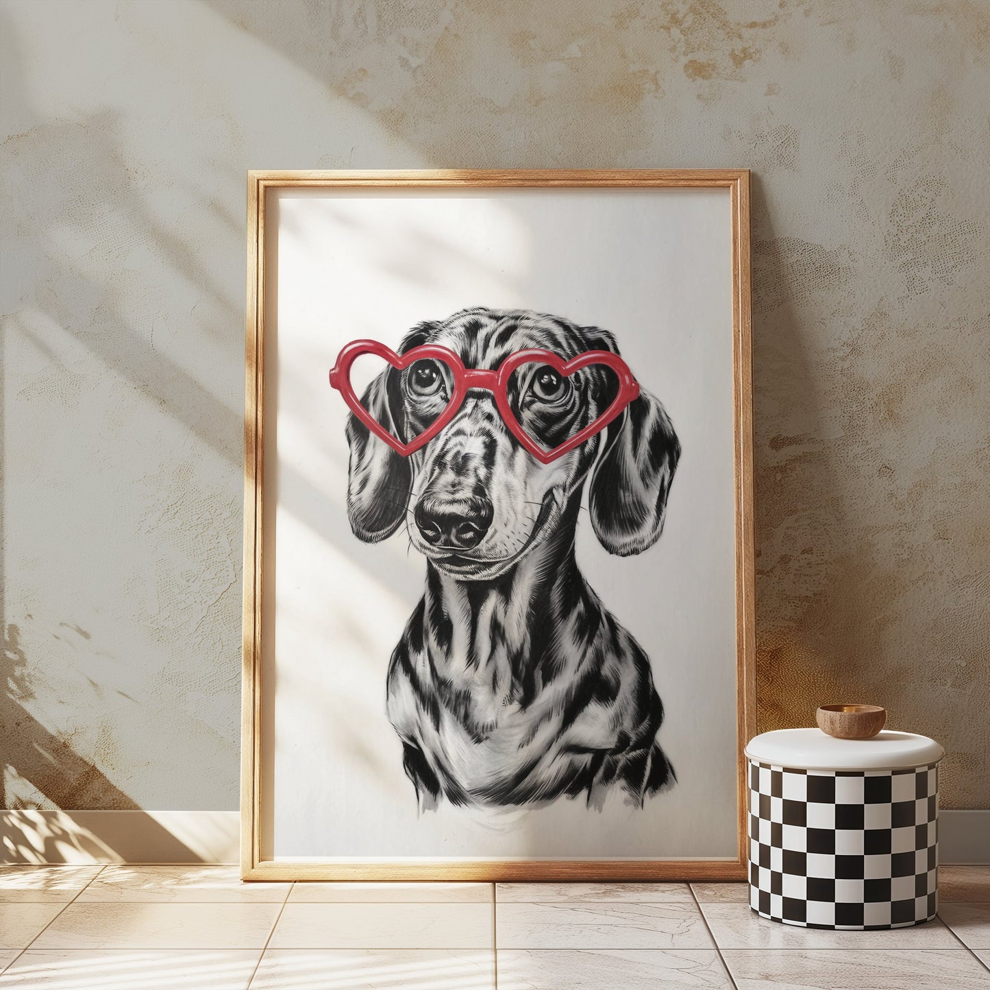 Premium Poster of Cute Dachshund With Heart Shaped Glasses Sketch Posters