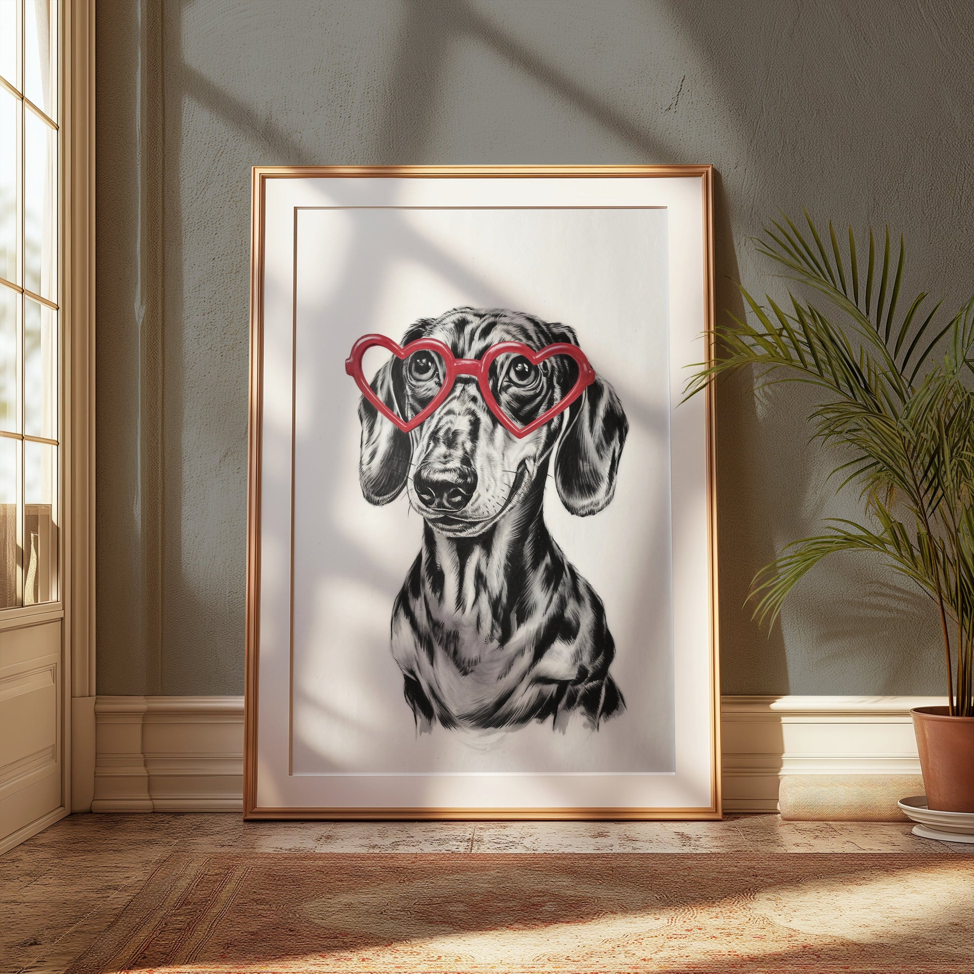 Premium Poster of Cute Dachshund With Heart Shaped Glasses Sketch Posters