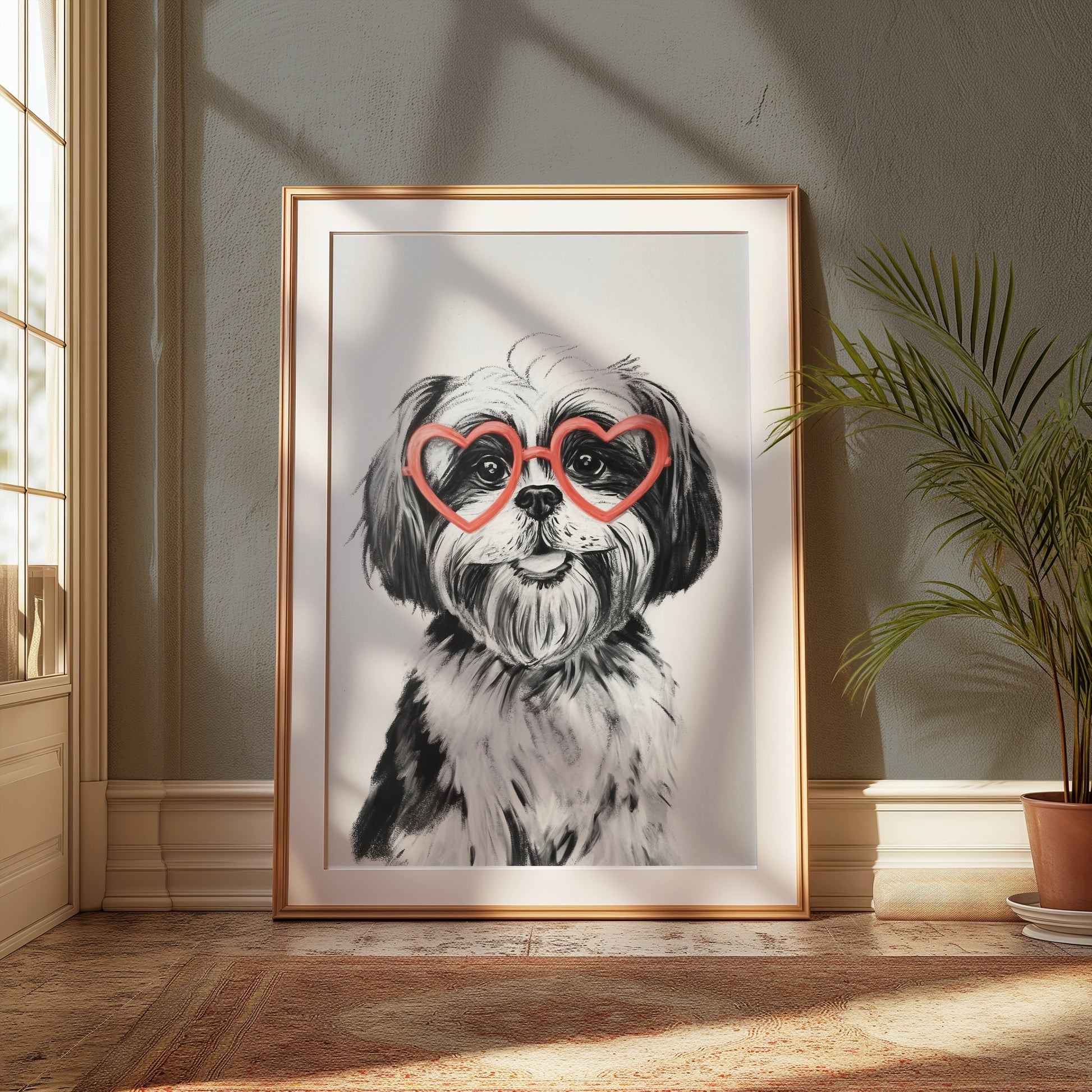 Premium Poster of Cute Dog with Heart Shaped Glasses Posters