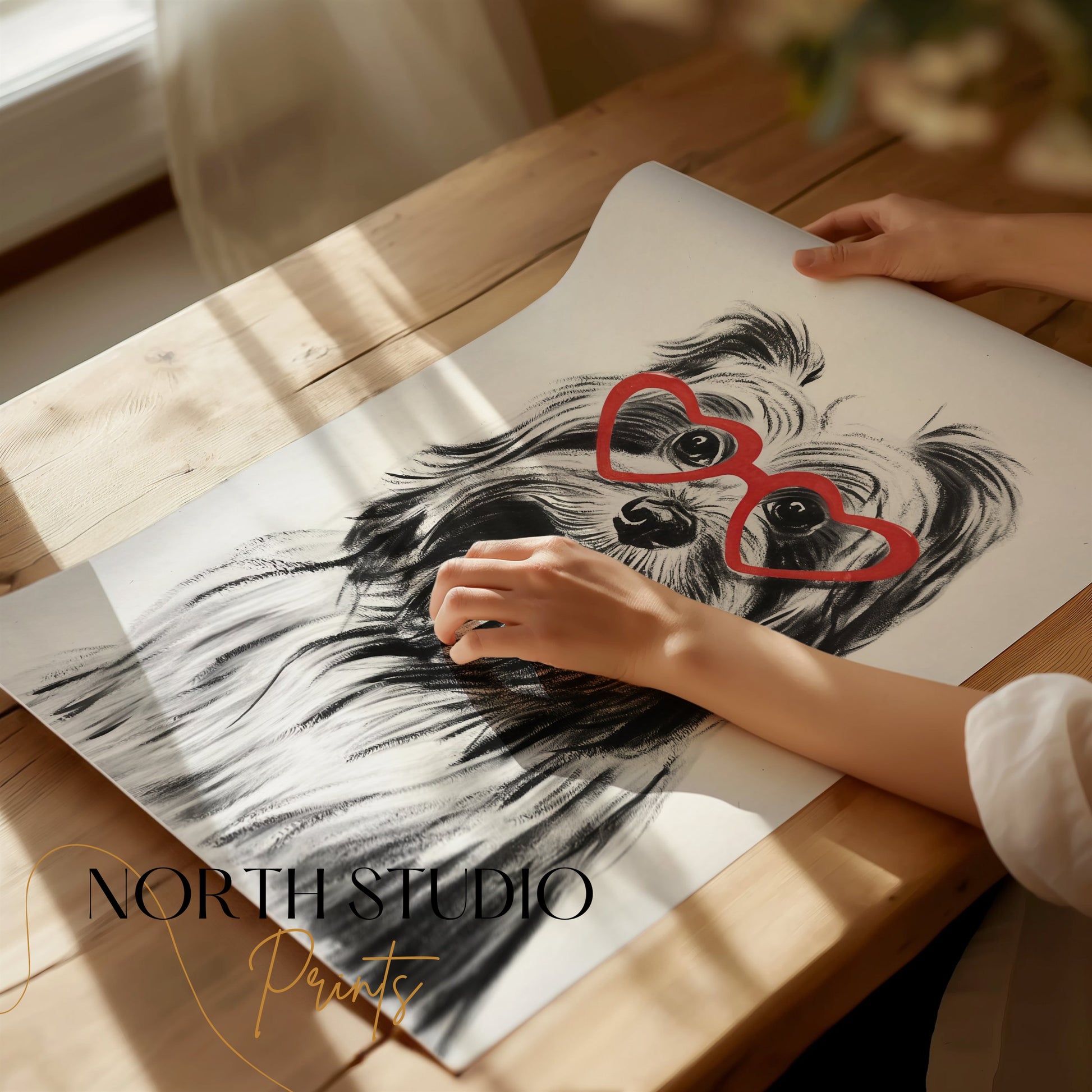 Premium Poster of Cute Dog with Red Heart Glasses Adorable Art Posters
