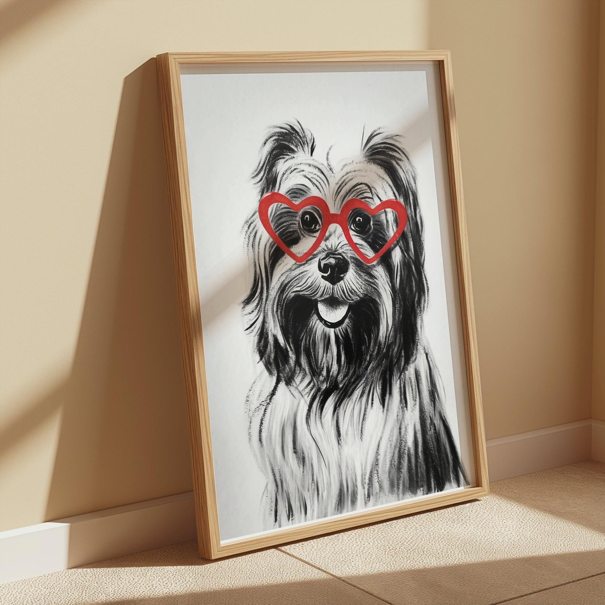 Premium Poster of Cute Dog with Red Heart Glasses Adorable Art Posters