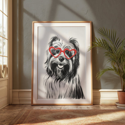 Premium Poster of Cute Dog with Red Heart Glasses Adorable Art Posters