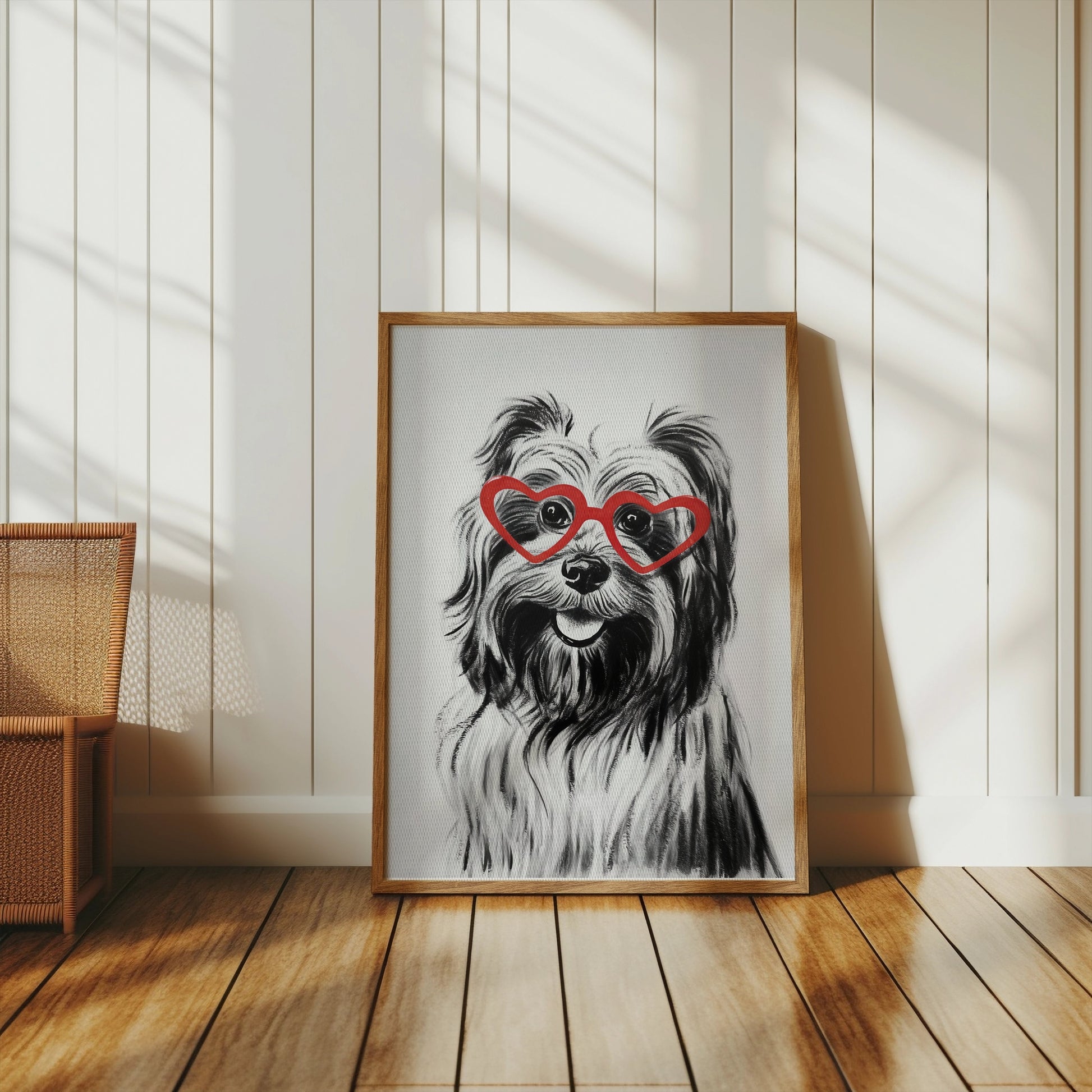 Premium Poster of Cute Dog with Red Heart Glasses Adorable Art Posters