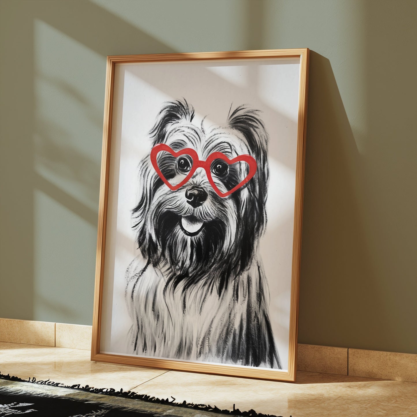 Premium Poster of Cute Dog with Red Heart Glasses Adorable Art Posters