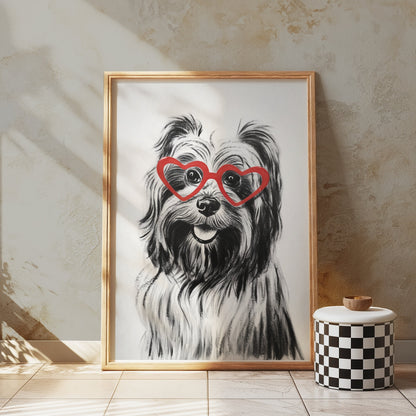 Premium Poster of Cute Dog with Red Heart Glasses Adorable Art Posters