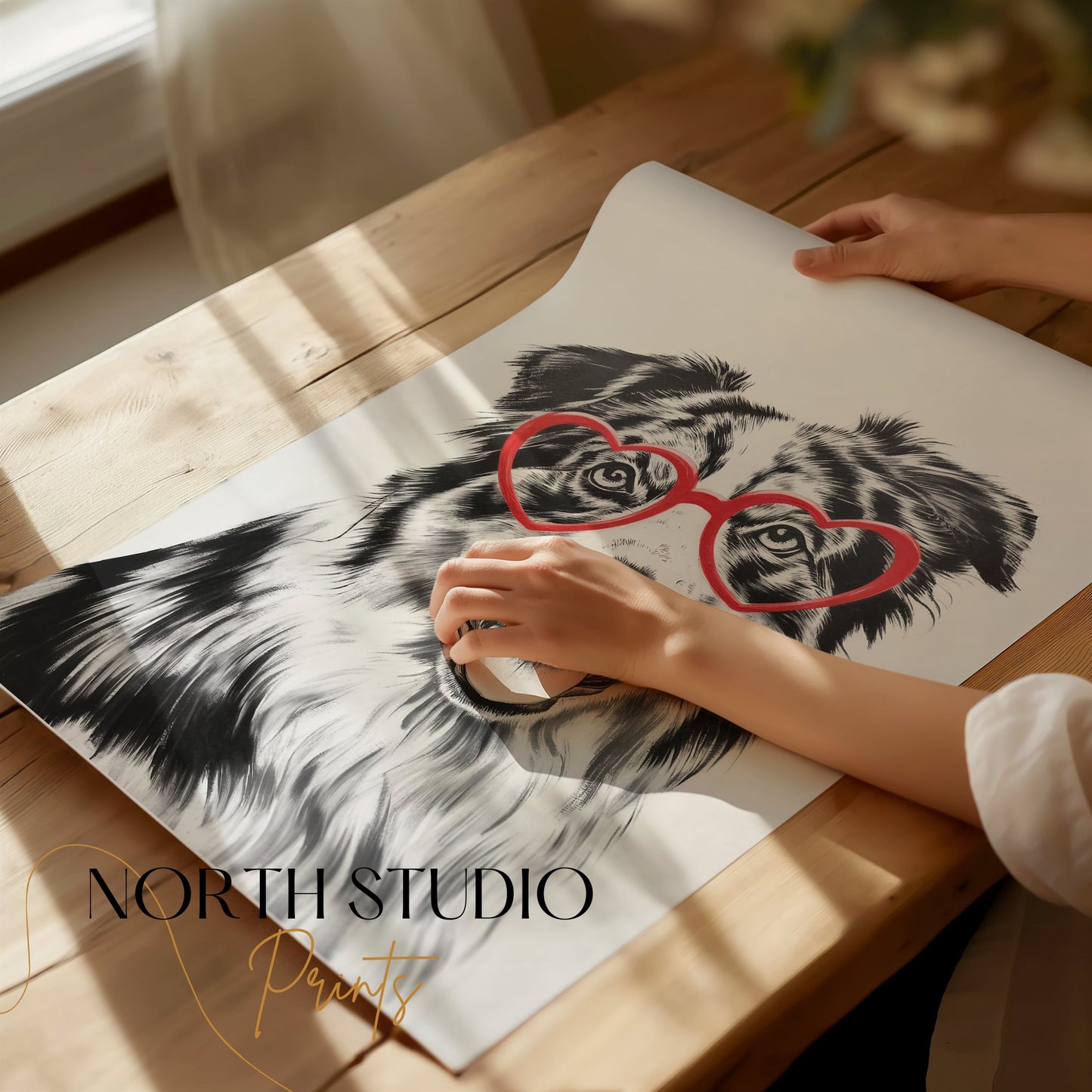Premium Poster of Cute Dog with Red Heart Glasses Illustration Posters