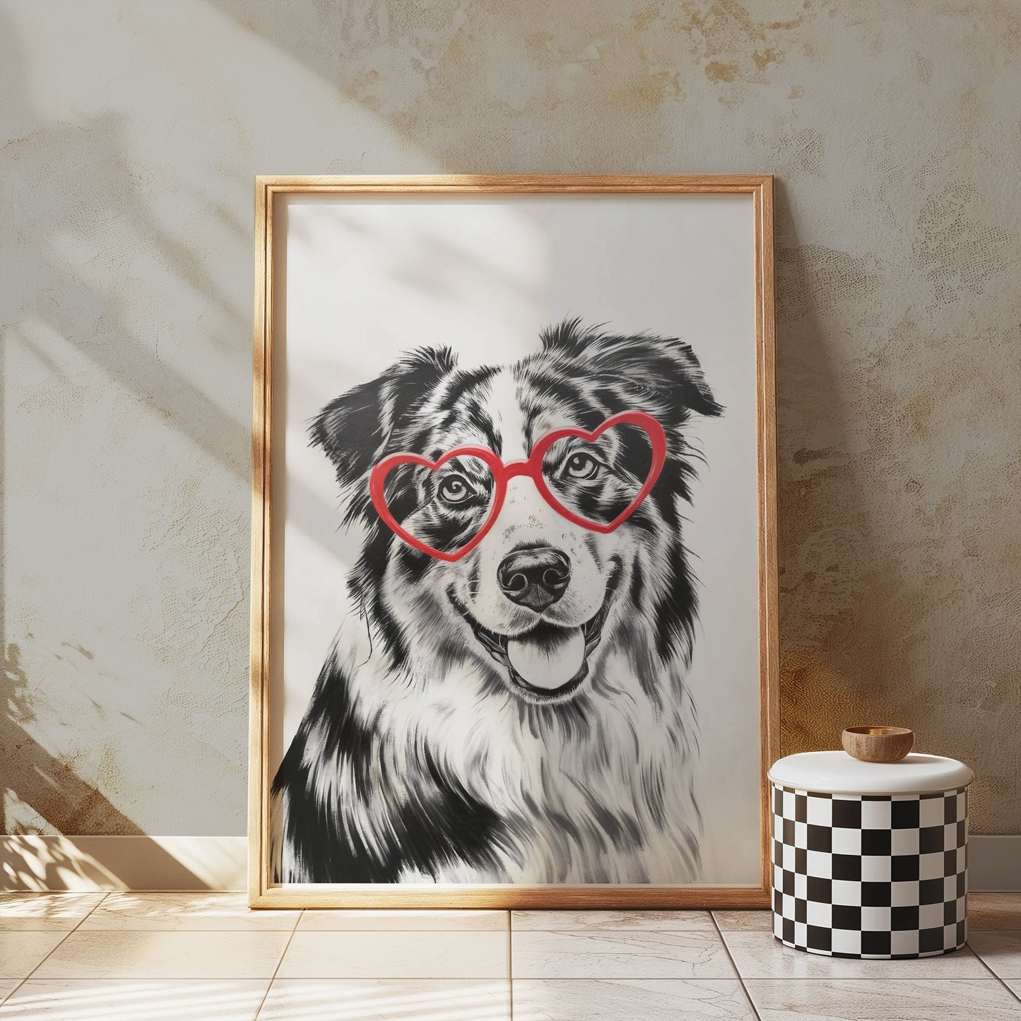 Premium Poster of Cute Dog with Red Heart Glasses Illustration Posters