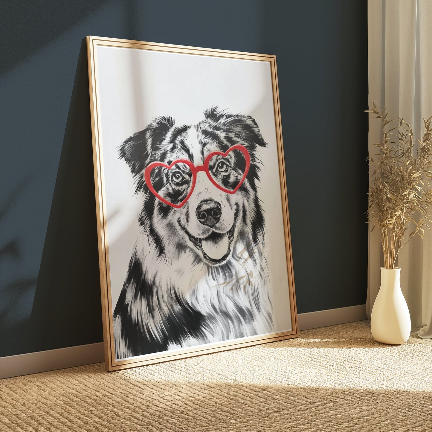 Premium Poster of Cute Dog with Red Heart Glasses Illustration Posters