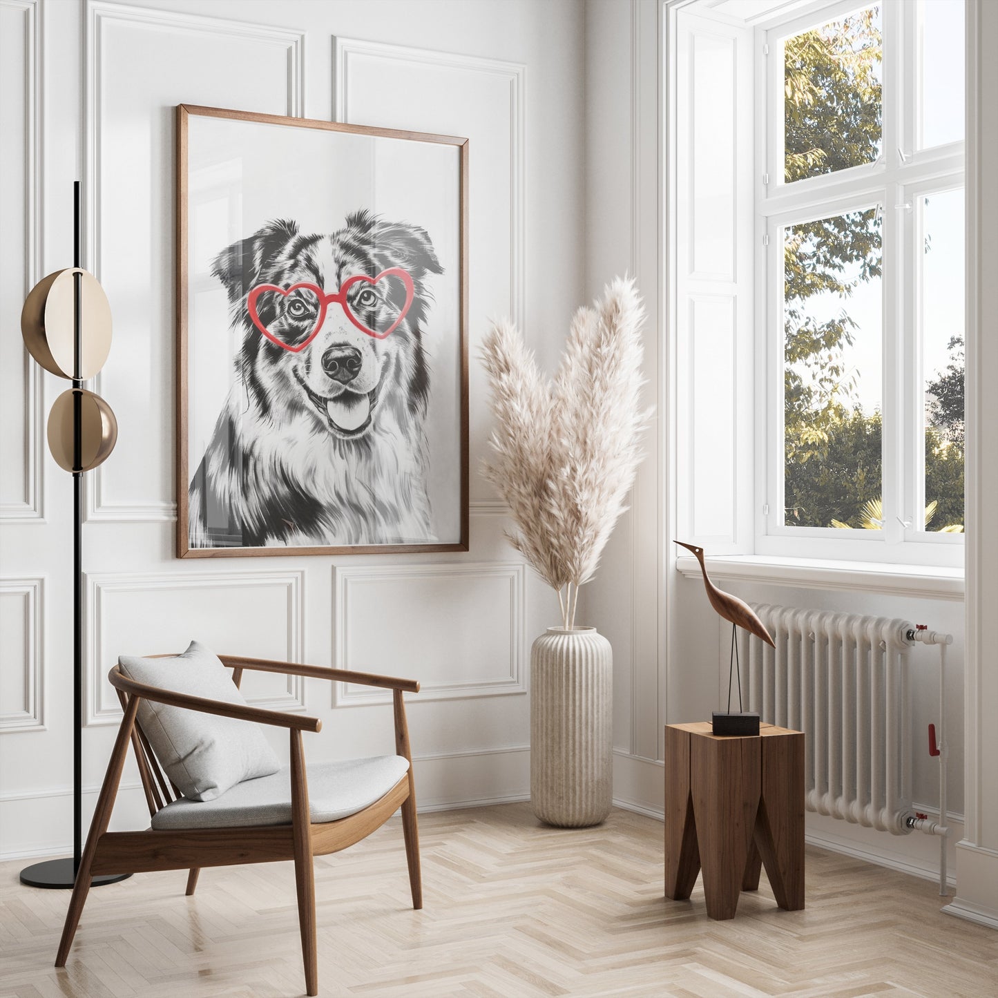 Premium Poster of Cute Dog with Red Heart Glasses Illustration Posters