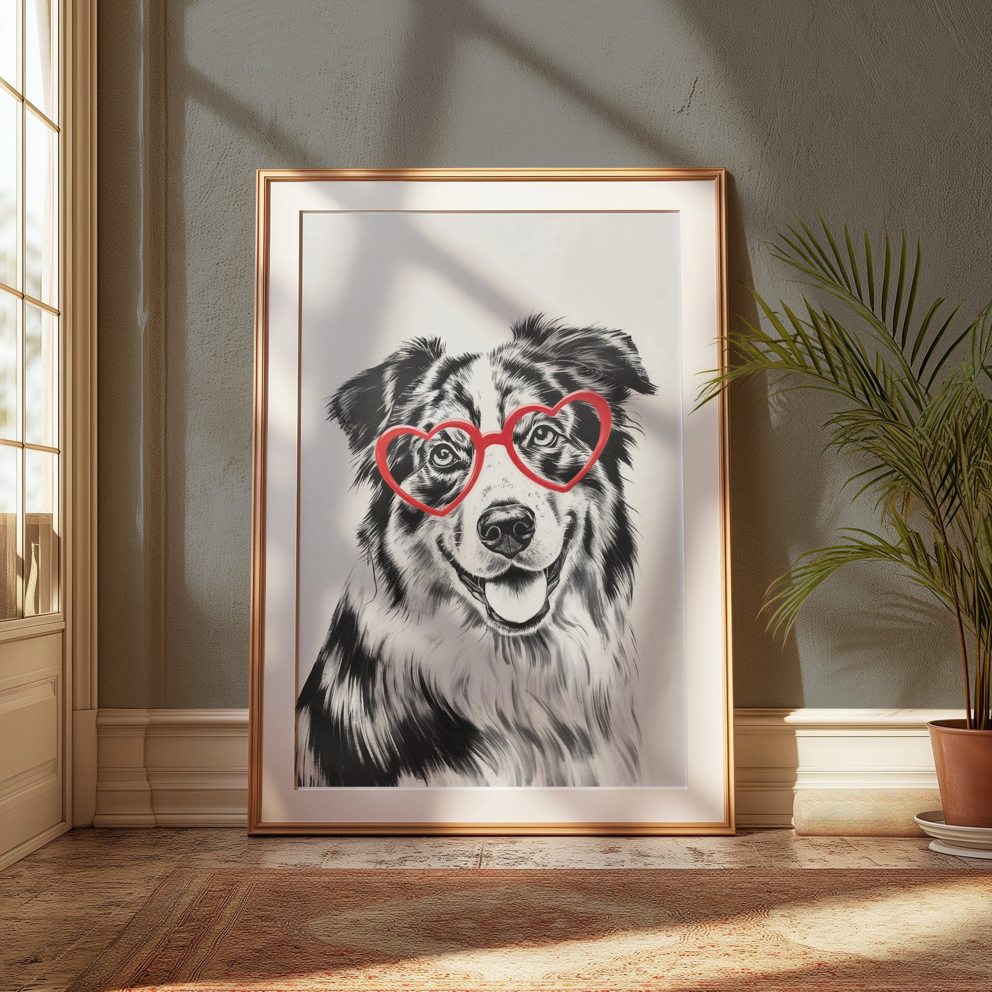 Premium Poster of Cute Dog with Red Heart Glasses Illustration Posters