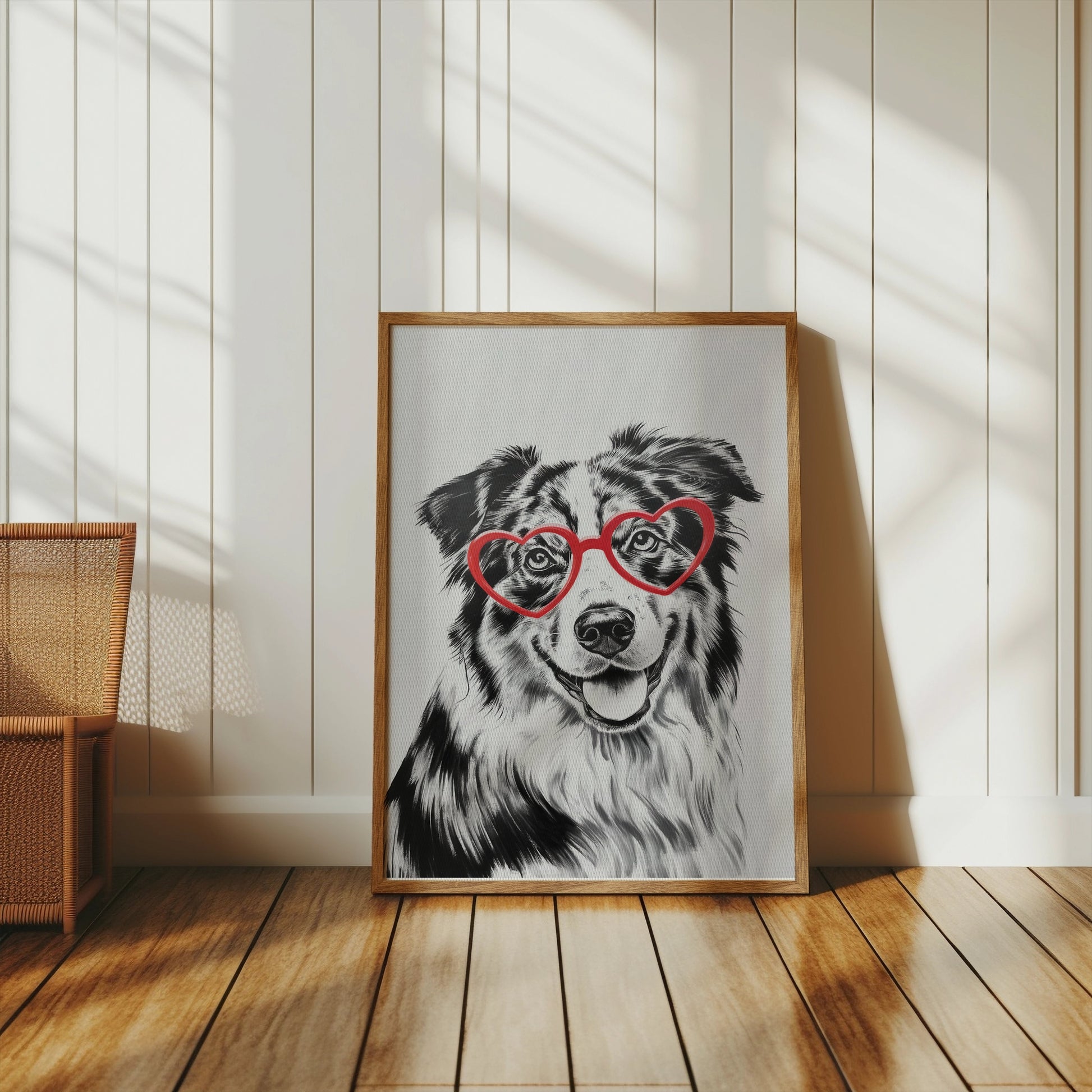 Premium Poster of Cute Dog with Red Heart Glasses Illustration Posters