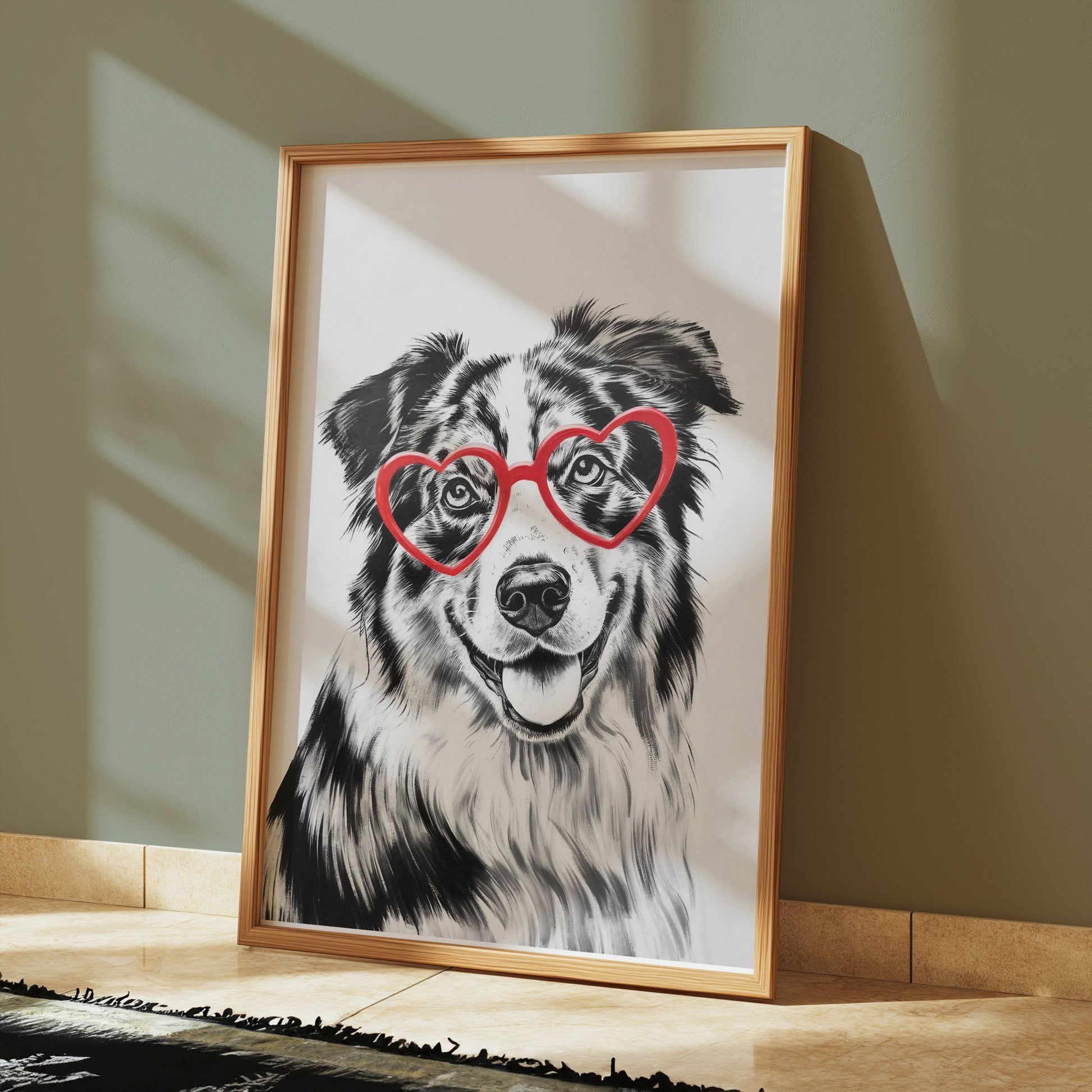 Premium Poster of Cute Dog with Red Heart Glasses Illustration Posters
