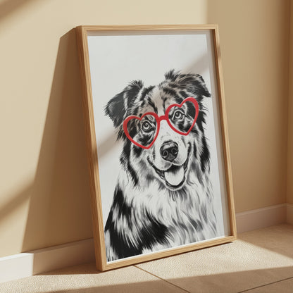 Premium Poster of Cute Dog with Red Heart Glasses Illustration Posters