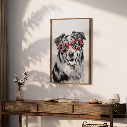 Premium Poster of Cute Dog with Red Heart Glasses Illustration Posters