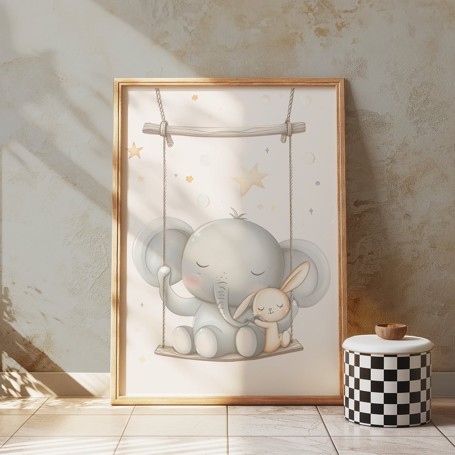 Premium Poster of Cute Elephant and Bunny on Swing Nursery Room Posters