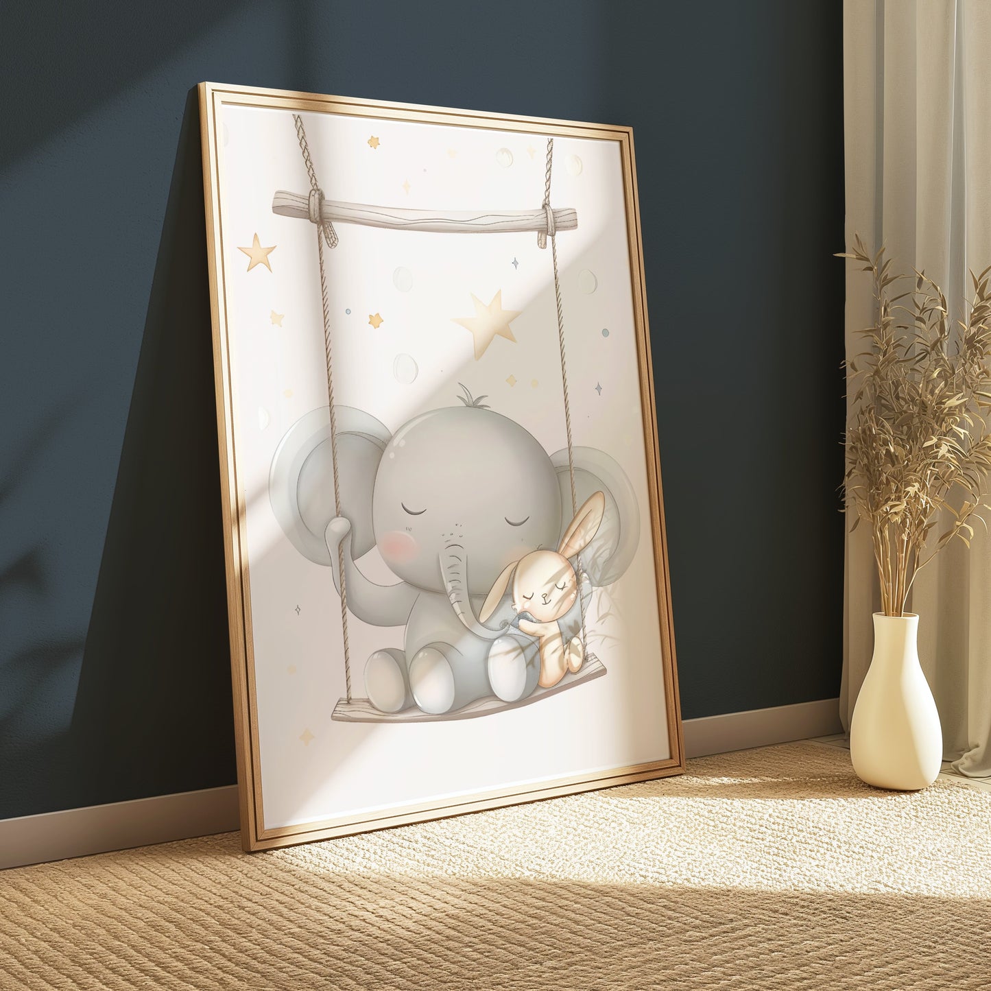 Premium Poster of Cute Elephant and Bunny on Swing Nursery Room Posters