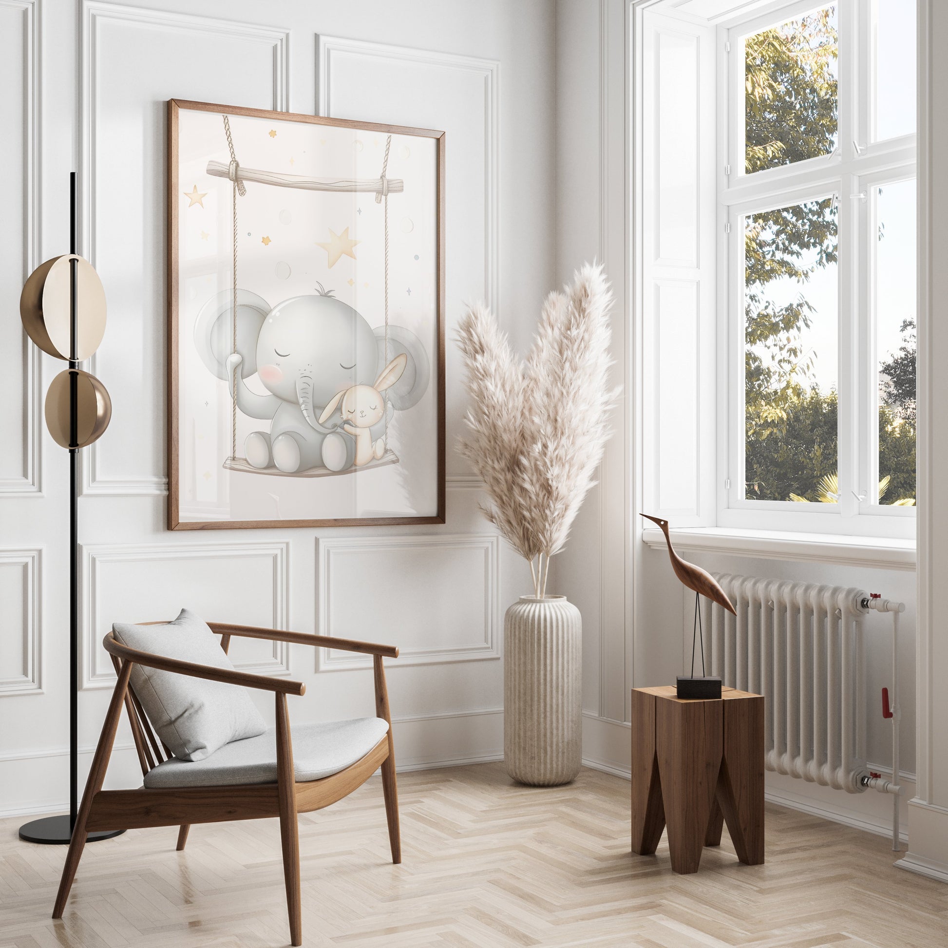 Premium Poster of Cute Elephant and Bunny on Swing Nursery Room Posters