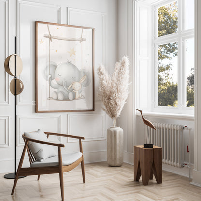 Premium Poster of Cute Elephant and Bunny on Swing Nursery Room Posters