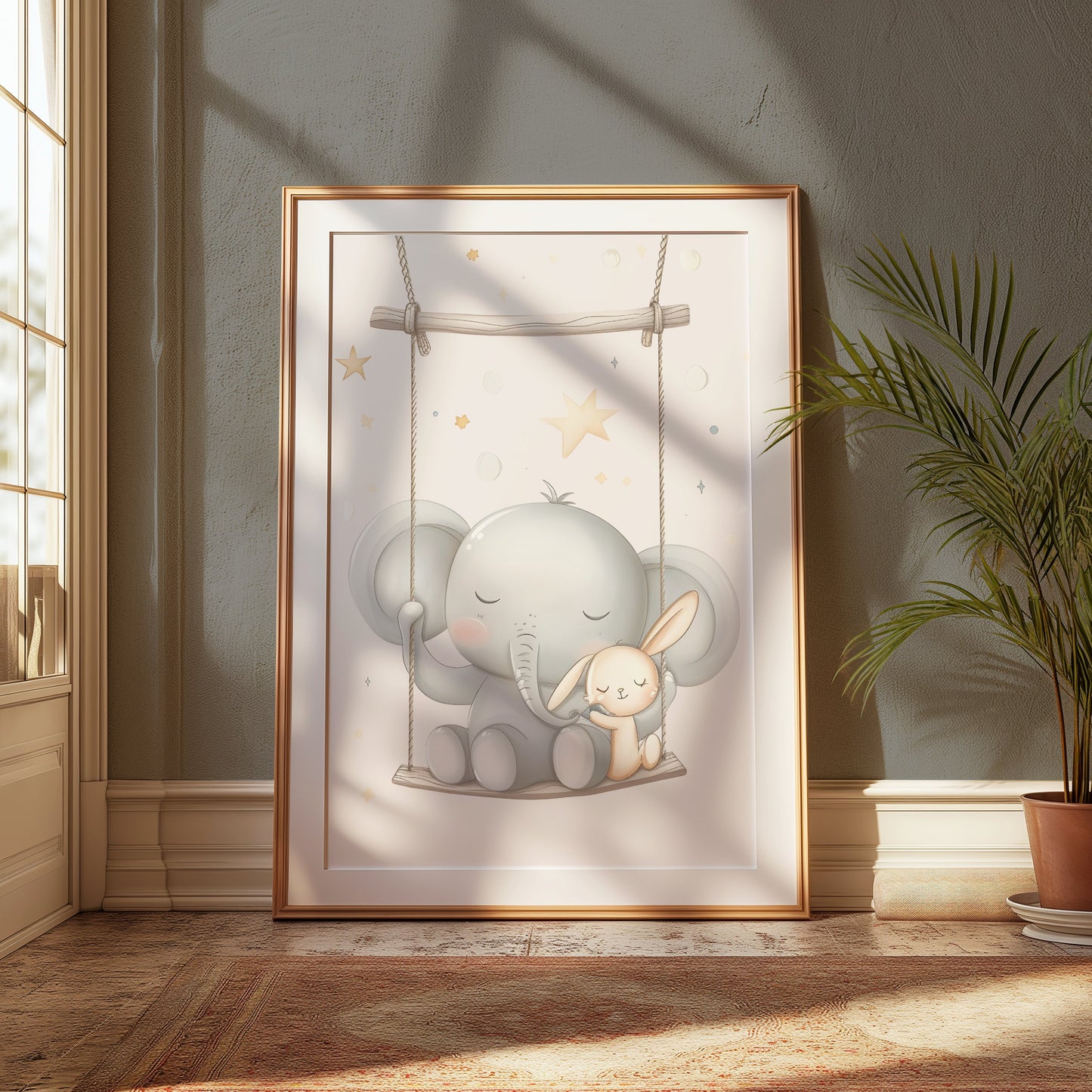 Premium Poster of Cute Elephant and Bunny on Swing Nursery Room Posters