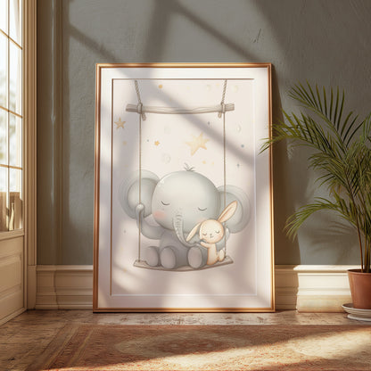 Premium Poster of Cute Elephant and Bunny on Swing Nursery Room Posters