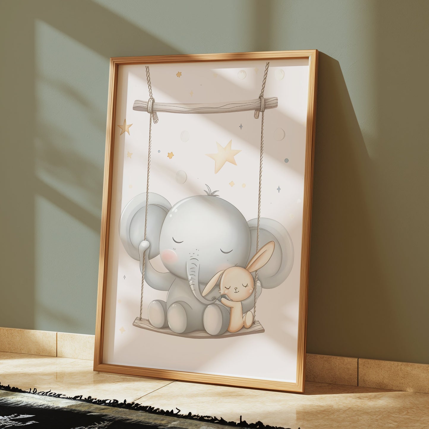 Premium Poster of Cute Elephant and Bunny on Swing Nursery Room Posters