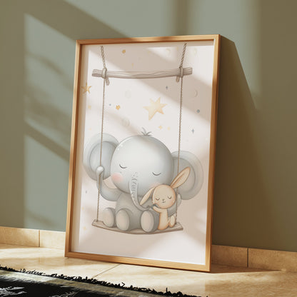 Premium Poster of Cute Elephant and Bunny on Swing Nursery Room Posters