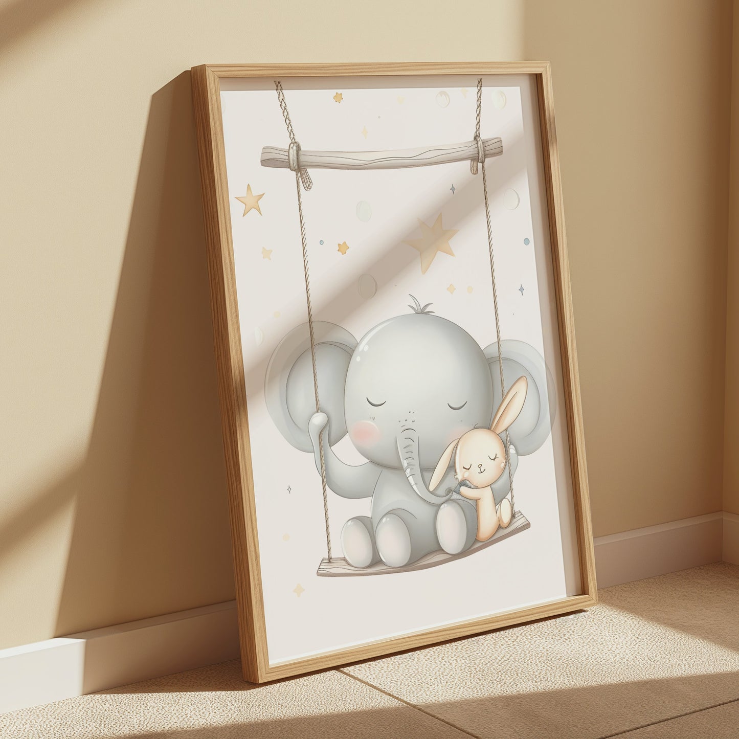 Premium Poster of Cute Elephant and Bunny on Swing Nursery Room Posters