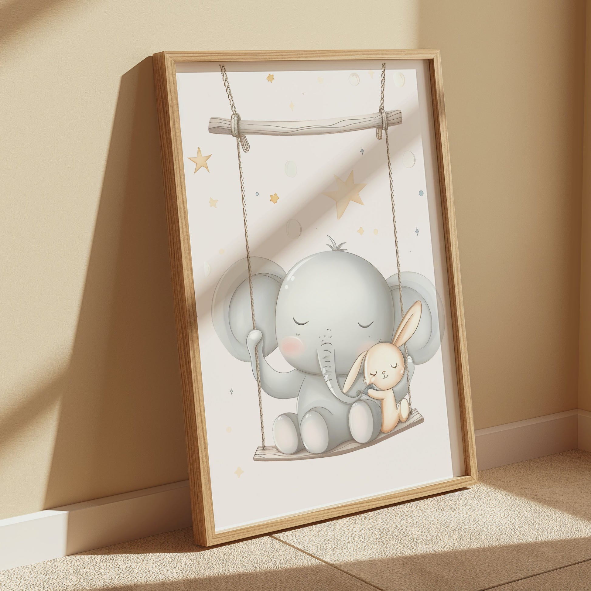 Premium Poster of Cute Elephant and Bunny on Swing Nursery Room Posters