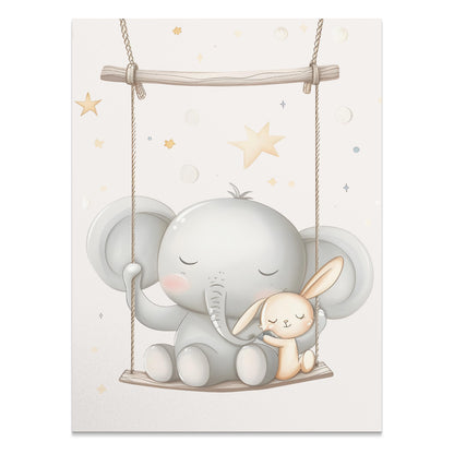Premium Poster of Cute Elephant and Bunny on Swing Nursery Room Posters