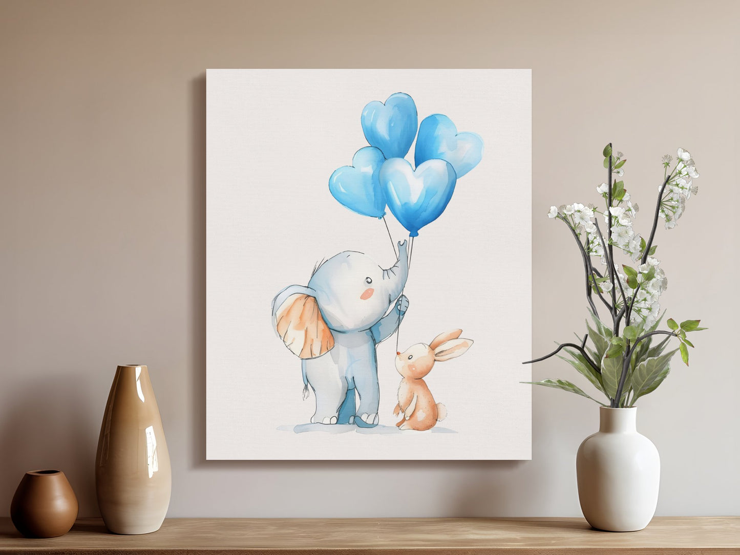 Premium Poster of Cute Elephant and Rabbit Nursery Wall Art Canvas Wraps