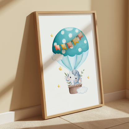 Premium Poster of Cute Elephant in Hot Air Balloon Children's Posters