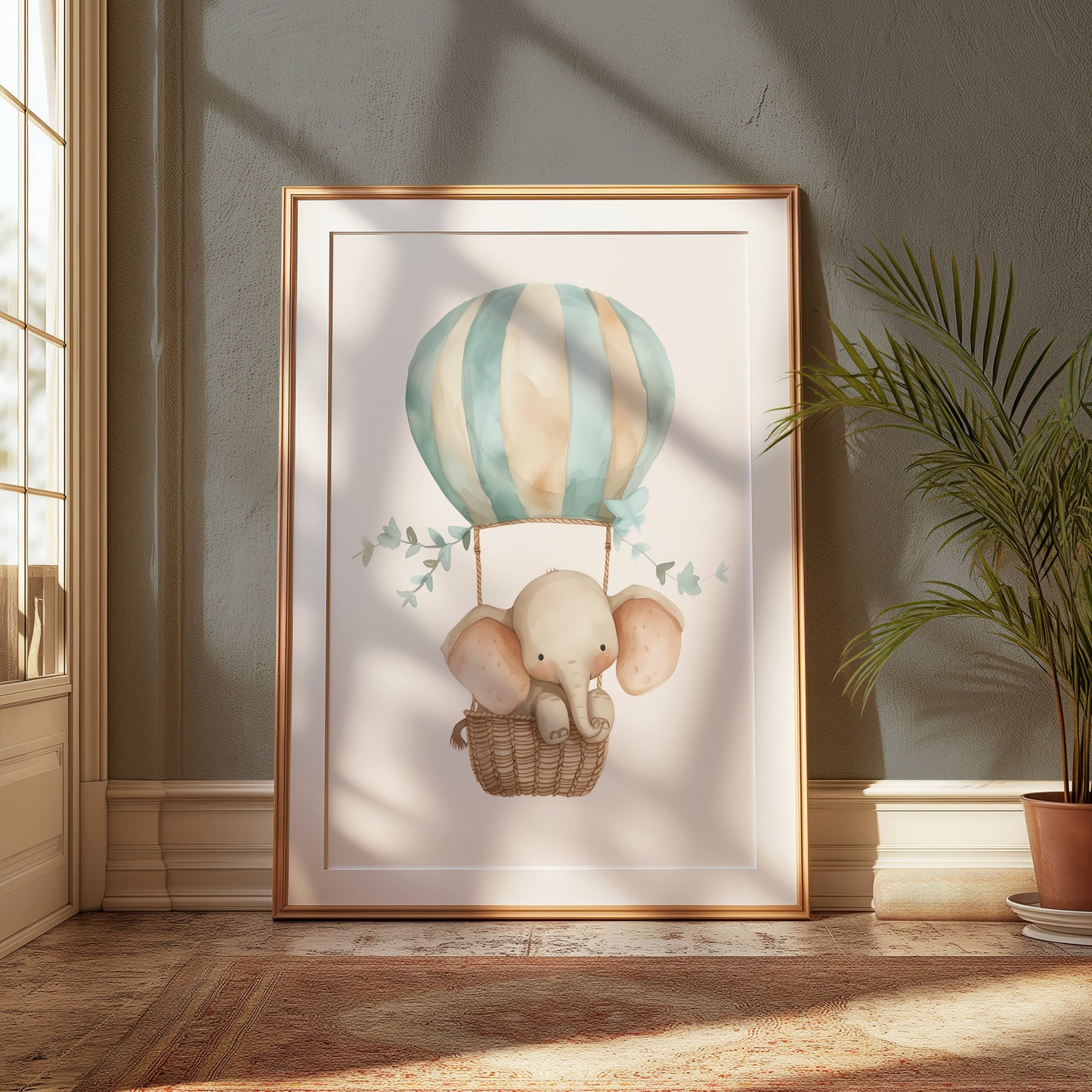 Premium Poster of Cute Elephant in Hot Air Balloon Posters