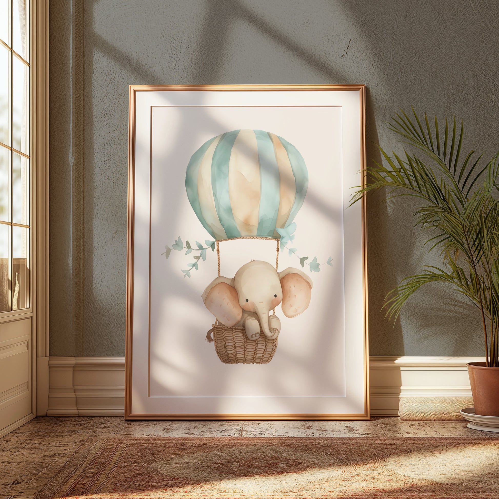 Premium Poster of Cute Elephant in Hot Air Balloon Posters
