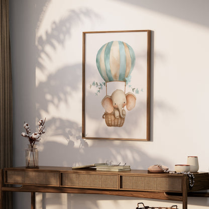 Premium Poster of Cute Elephant in Hot Air Balloon Posters