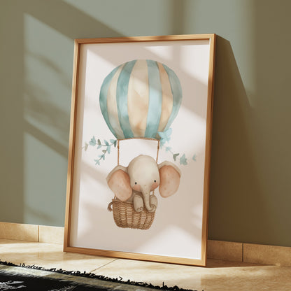 Premium Poster of Cute Elephant in Hot Air Balloon Posters