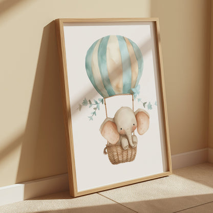 Premium Poster of Cute Elephant in Hot Air Balloon Posters