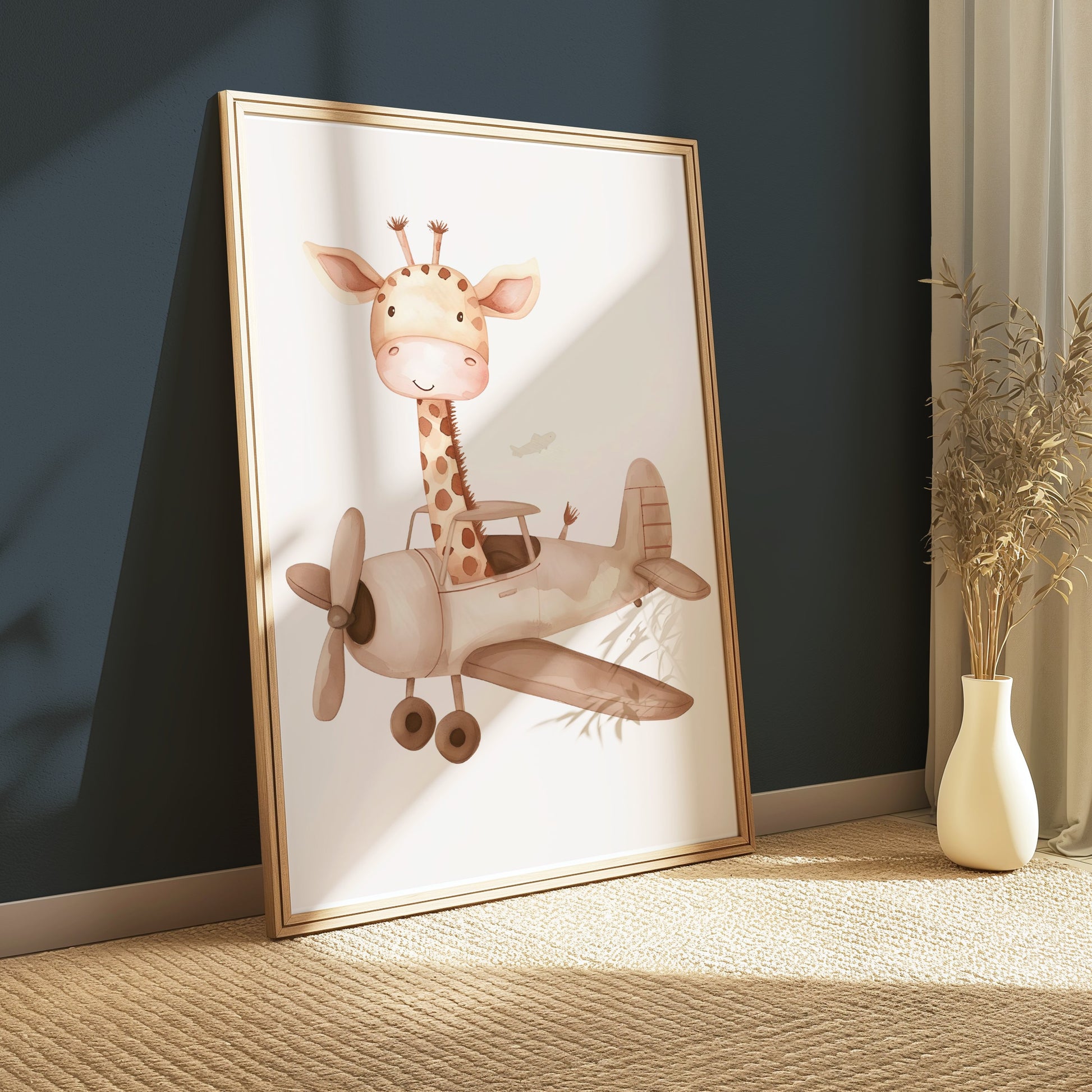 Premium Poster of Cute Giraffe Flying Airplane Nursery Wall Art Posters