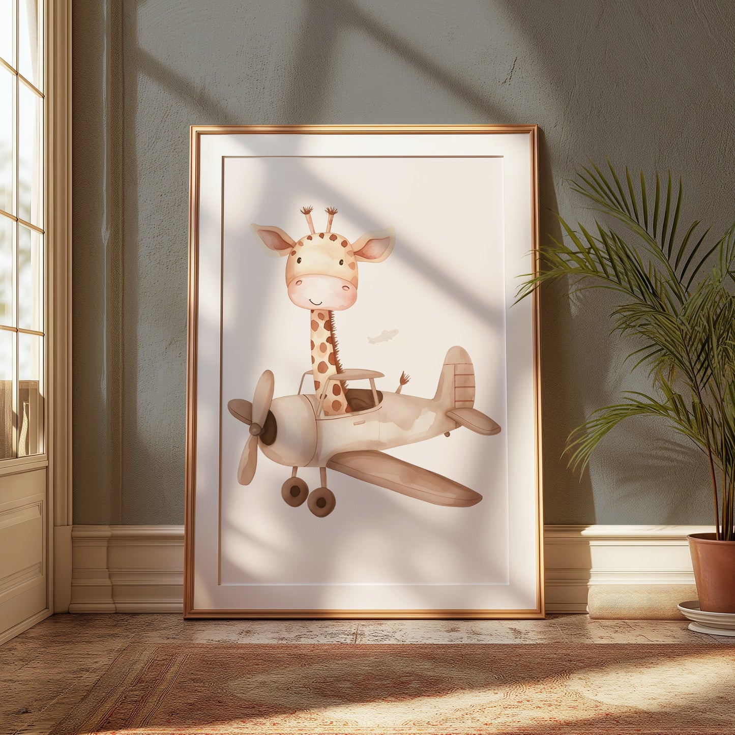 Premium Poster of Cute Giraffe Flying Airplane Nursery Wall Art Posters