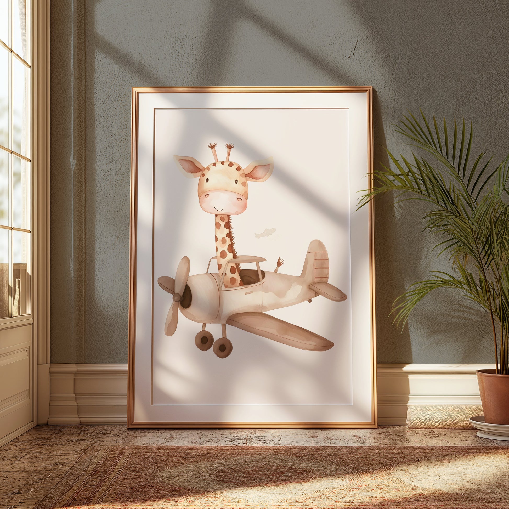 Premium Poster of Cute Giraffe Flying Airplane Nursery Wall Art Posters