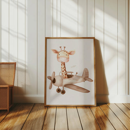 Premium Poster of Cute Giraffe Flying Airplane Nursery Wall Art Posters