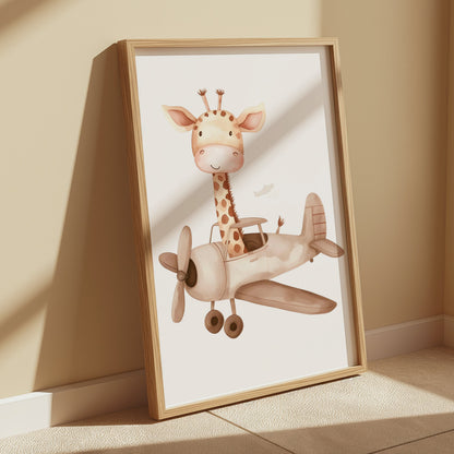 Premium Poster of Cute Giraffe Flying Airplane Nursery Wall Art Posters